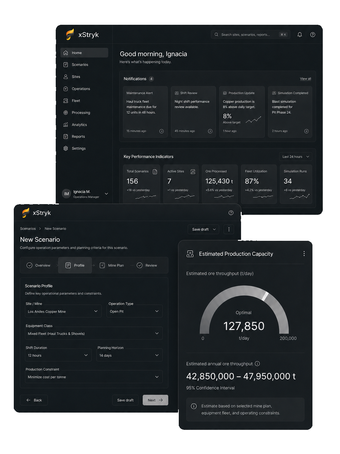 xStryk Intelligence interface with Model, Simulate, Decide, and Ask navigation